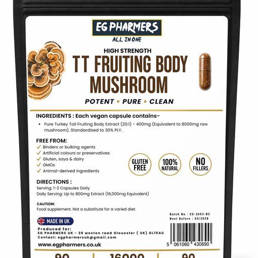 High Strength Turkey Tail Extract 8000mg 20:1 fruiting body capsules