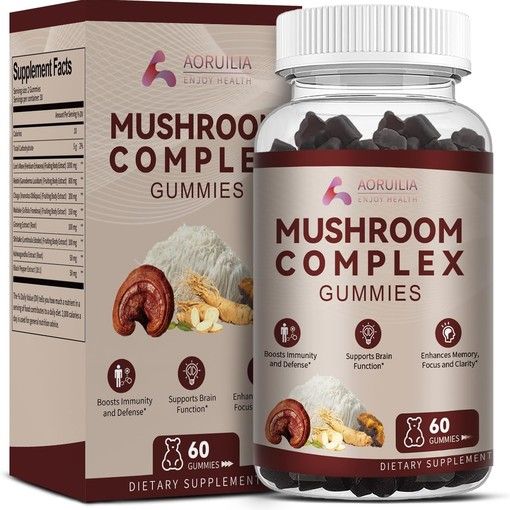 Aoruilia 12-in-1 Mushroom Gummies jar with fruiting body complex label