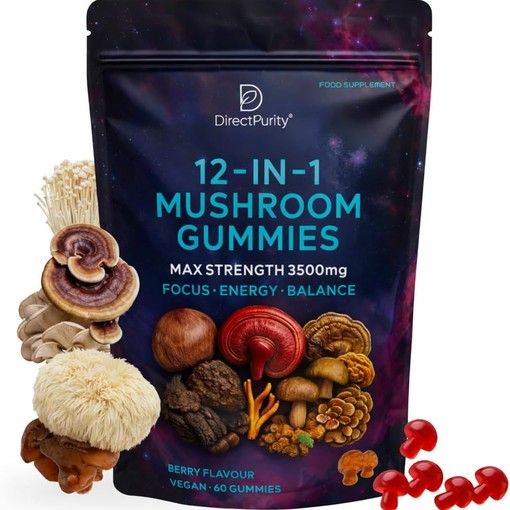 DirectPurity 12-in-1 Mushroom Gummies Complex mixed berry flavour jar