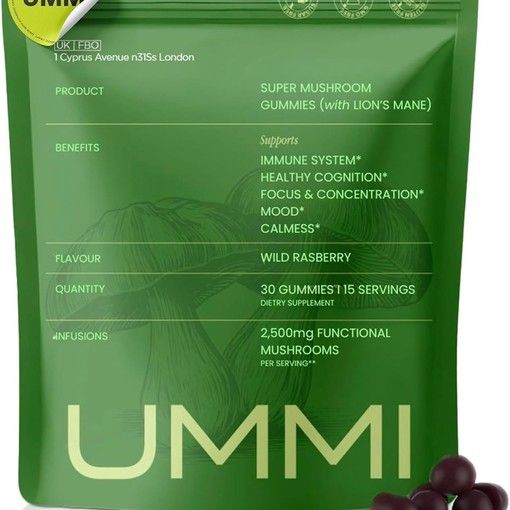 UMMI 12-in-1 Super Mushroom Gummies raspberry flavour 30-count pouch