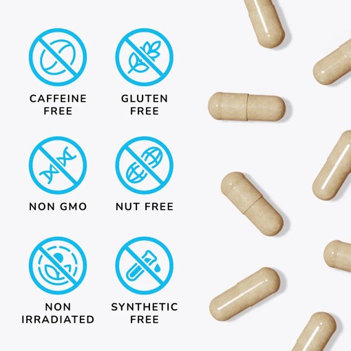 Mind Lab Pro NutriCaps capsules with caffeine-free, gluten-free, non-GMO, nut-free, non-irradiated and synthetic-free attribute icons