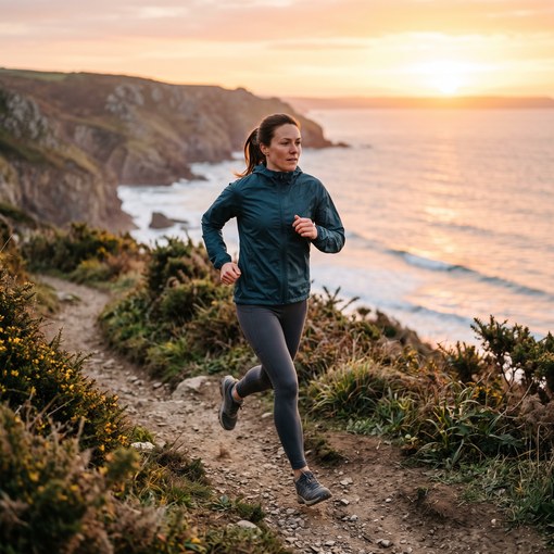 Woman running along a coastal path at sunrise, energised and focused