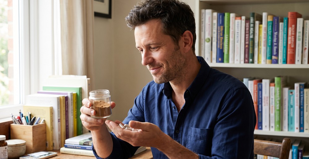 Will, founder of Supermushrooms, examining mushroom powder and supplement capsules
