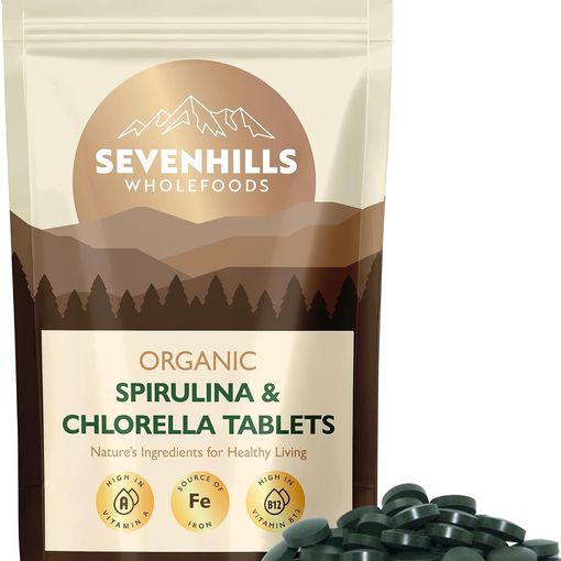 Sevenhills Wholefoods Organic Chlorella and Spirulina Tablets 500mg pouch with loose tablets